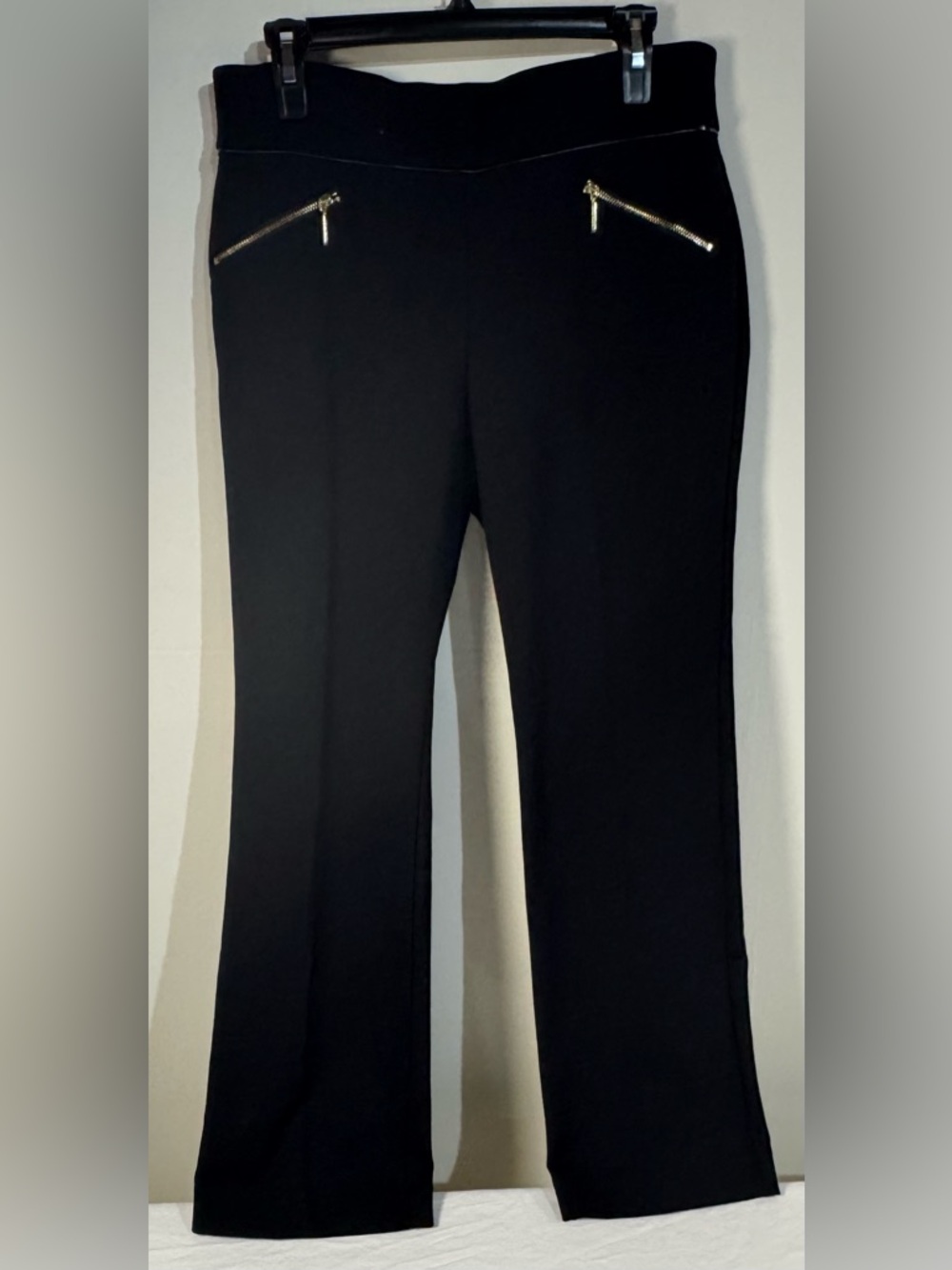 Anne Klein Black Boot-Cut dress Pants with Gold Zipper stretch pull on slacks